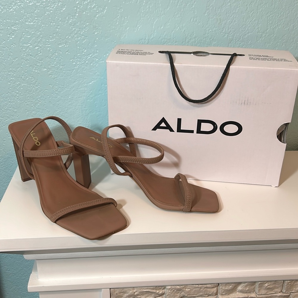 Aldo Strappy Square-Toe Heels in Taupe Brown